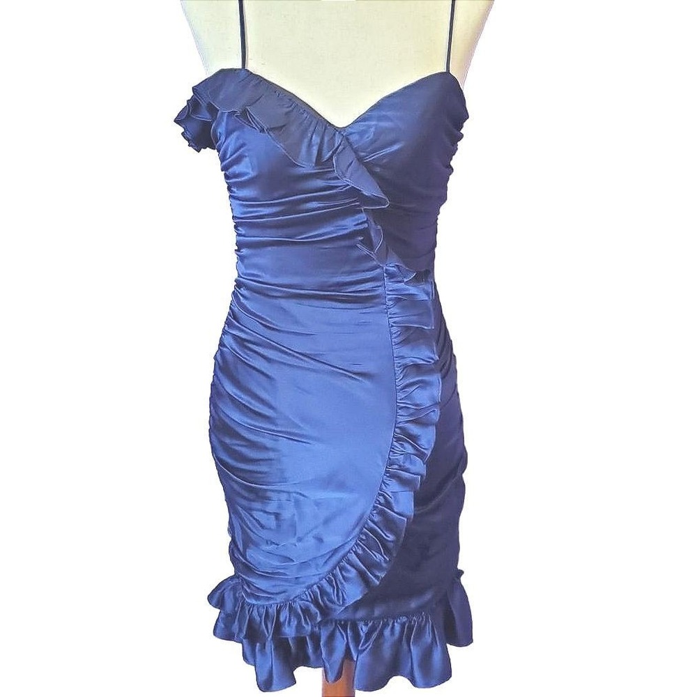 Vintage Betsey Johnson Navy Silk Ruched Ruffle Formal Dress 8 Homecoming